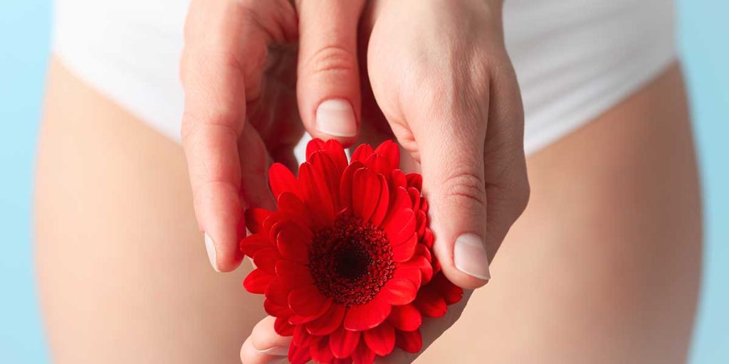A woman holding a vibrant red flower near her pelvic area, symbolizing feminine health, delicate care, and wellness support.
