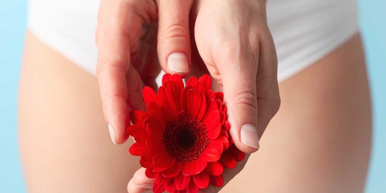 A woman holding a vibrant red flower near her pelvic area, symbolizing feminine health, delicate care, and wellness support.
