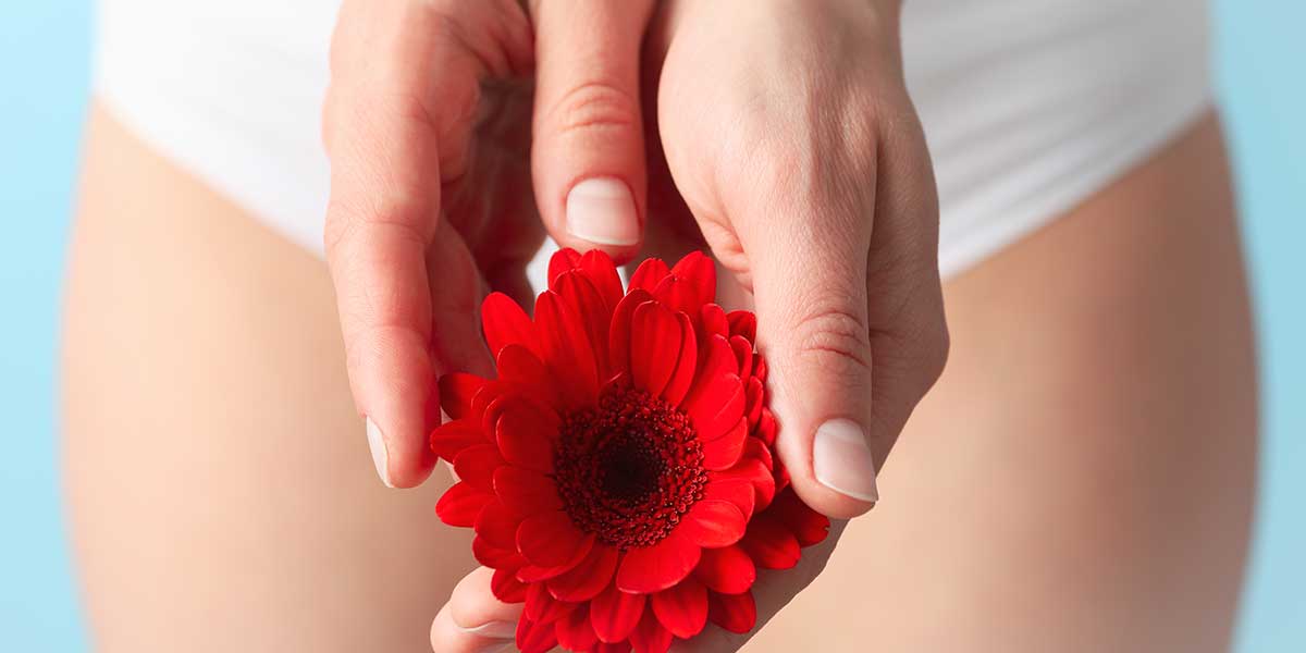 A woman holding a vibrant red flower near her pelvic area, symbolizing feminine health, delicate care, and wellness support.